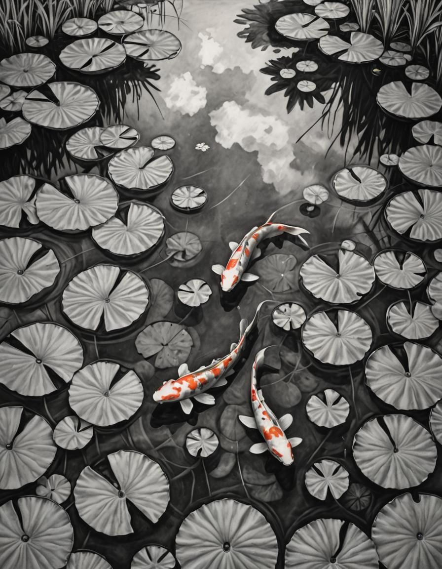 Koi Pond Charcoal Drawing with Sky Reflections