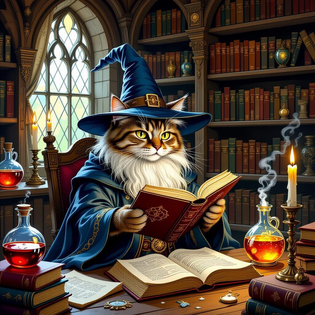 Whimsical Cat Wizard in Cozy Fantasy Library
