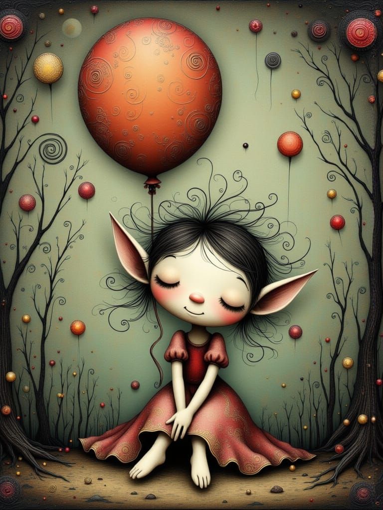 Whimsical Elf with Balloon, Storybook Line Art