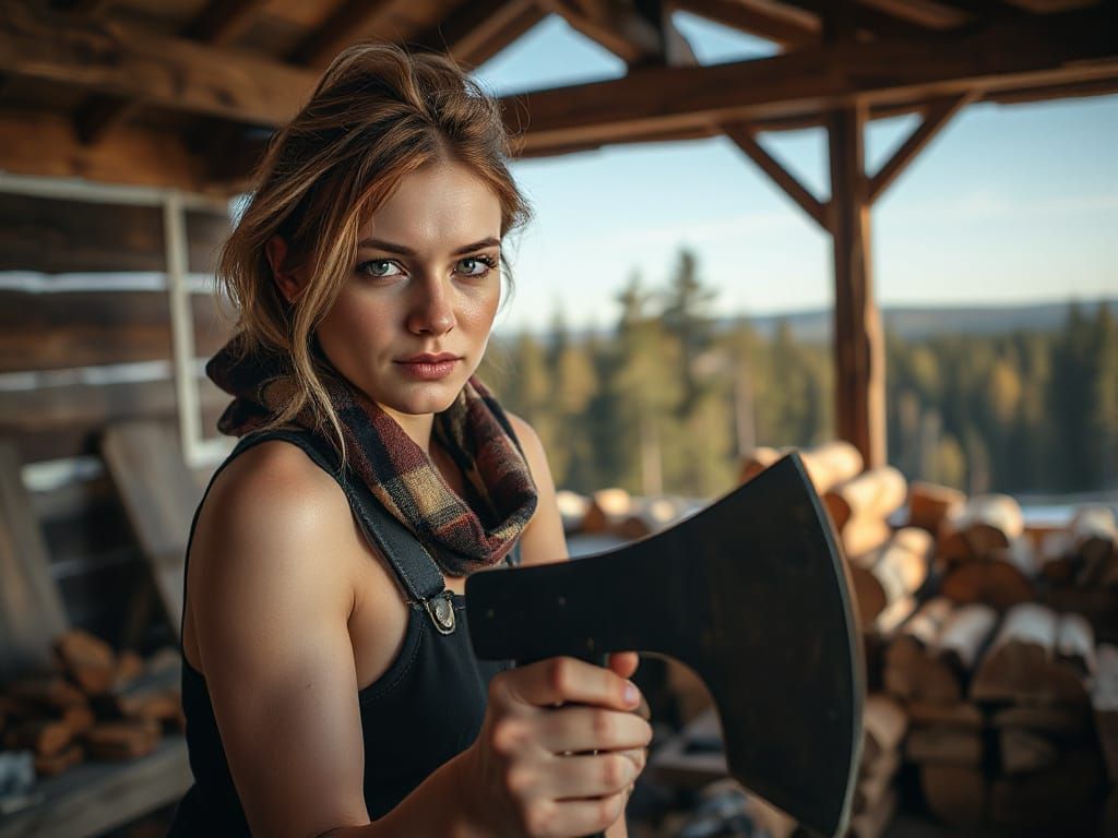 Female Lumberjack in Quebec Cabin, Ultra-Realistic 8K
