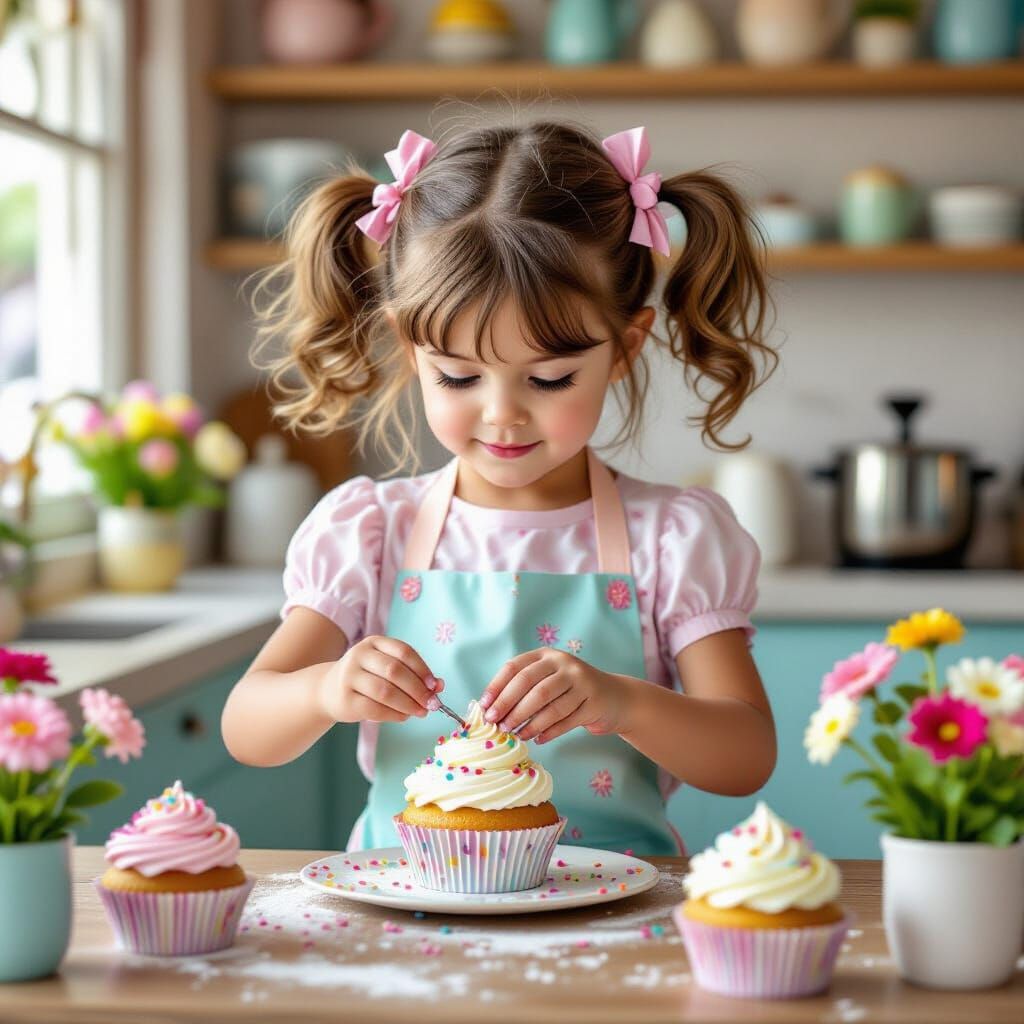 Young Chef Decorates Cupcakes in Bright Bakery