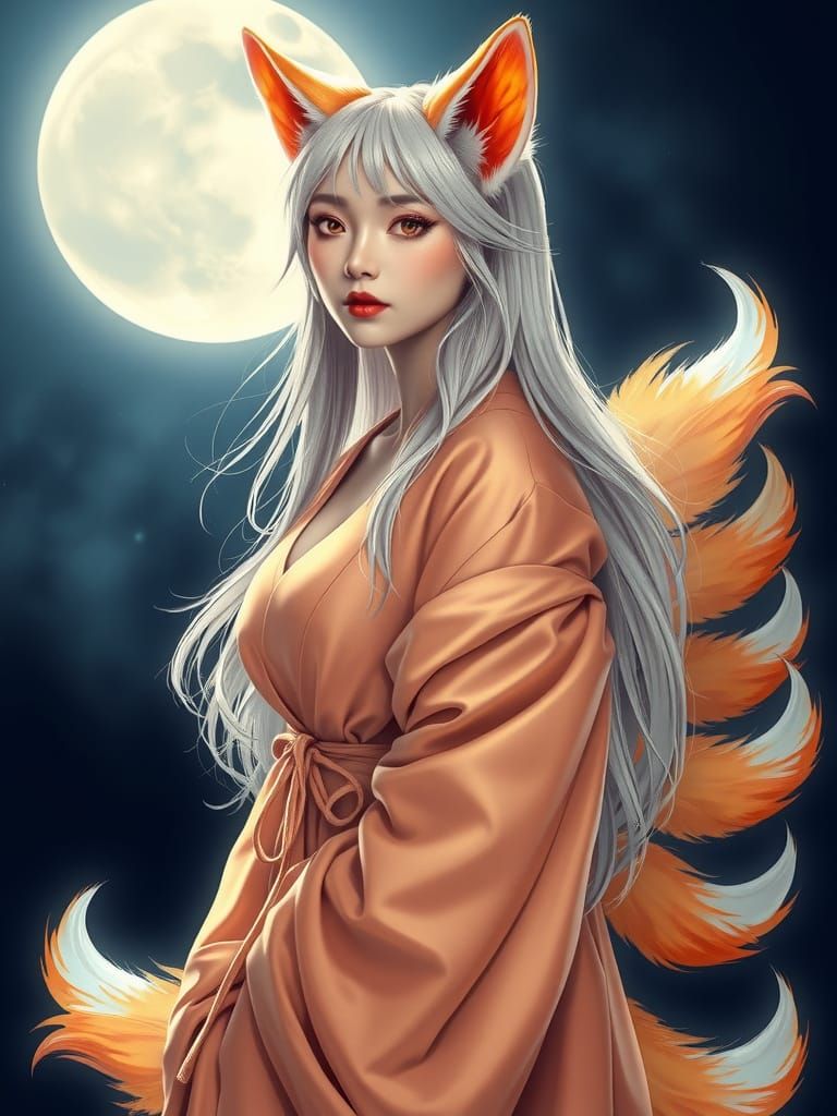 Photorealistic full body picture of a Kitsune woman with 9 tails. Moonlight spills over her, illuminating skin like pale...