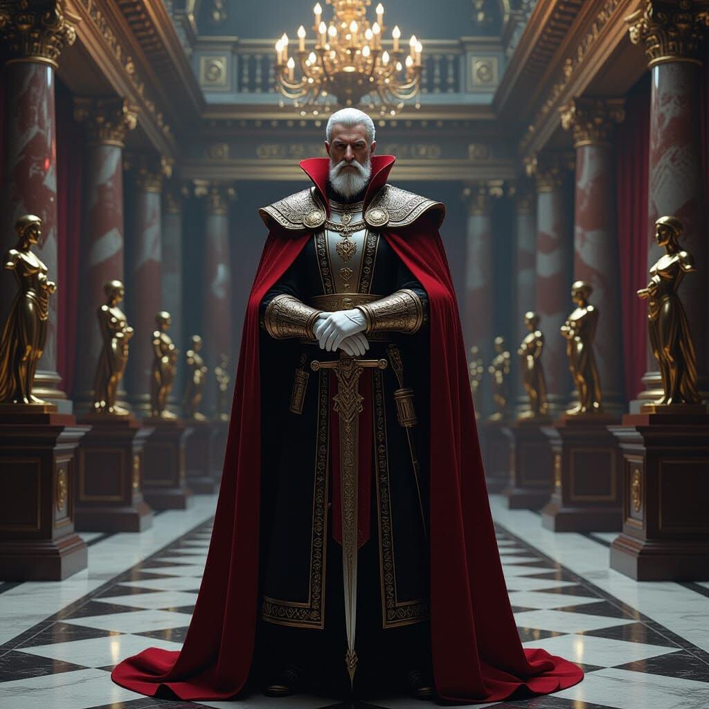 Regal Figure in Ornate Hall: A Technocratic Vision