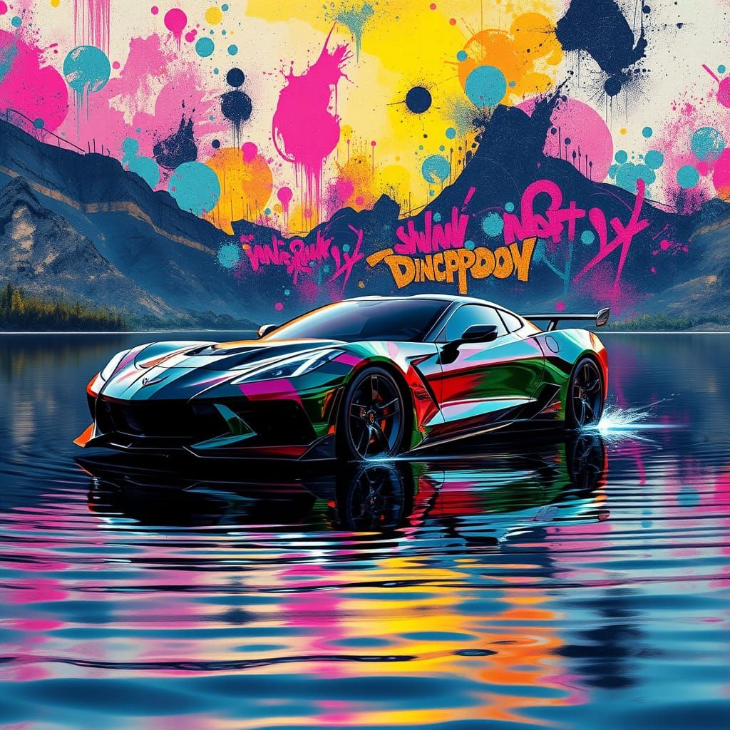 Surreal Futuristic Corvette Stingray Reflections in Neon Lak...