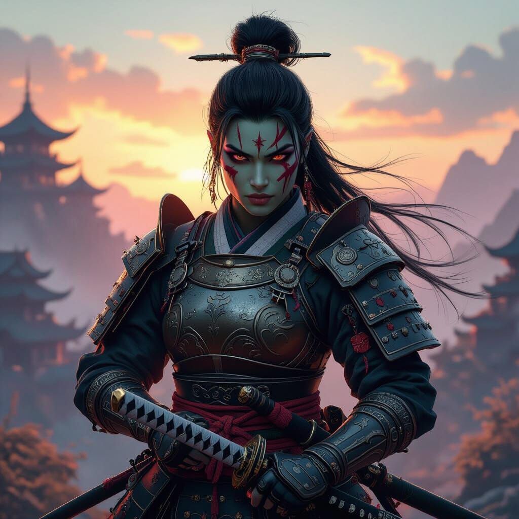Powerful Half-Orc Samurai in Fantasy Landscape