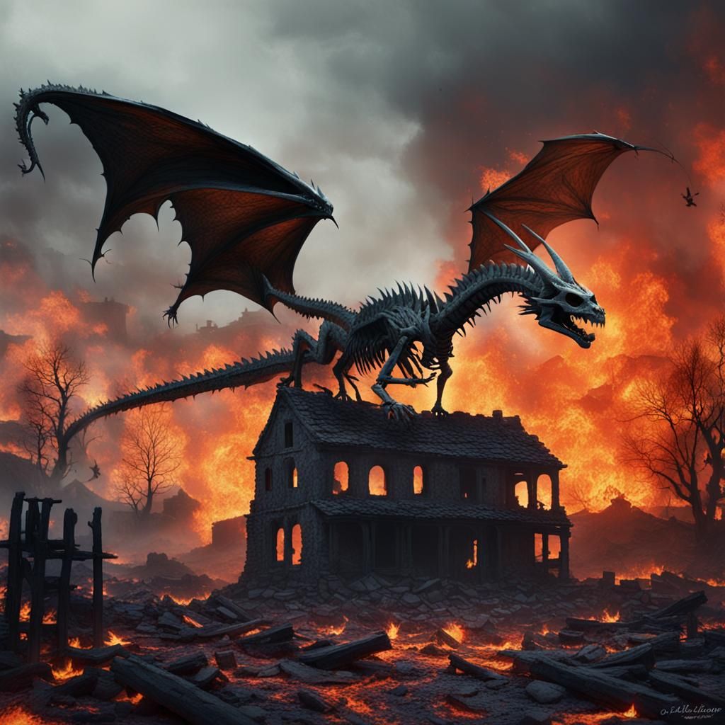Dragon Skeleton Soars Over Abandoned Village in Muted Graysc...