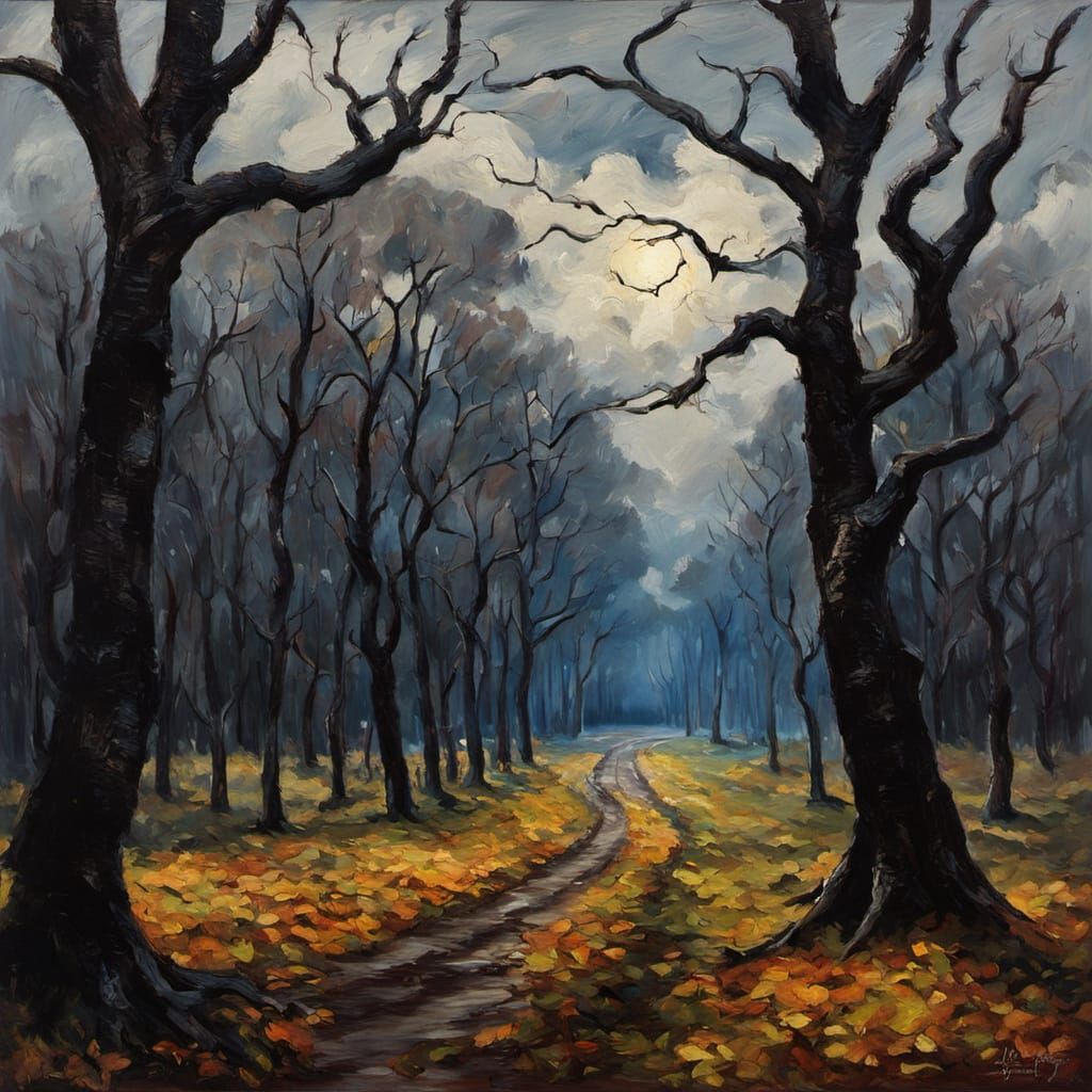 Dramatic Oil Painting of Dark Bending Trees
