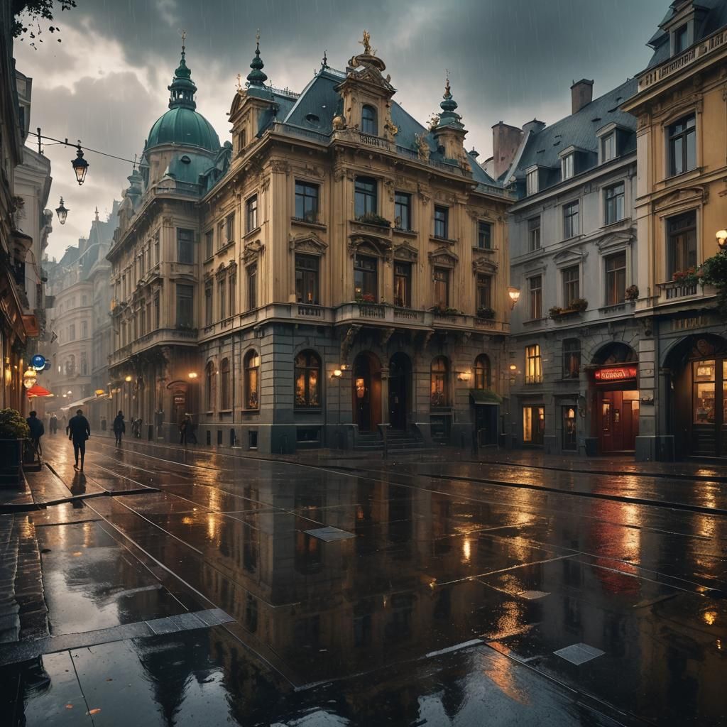 Rainy Vienna Walk: Detailed Matte Painting