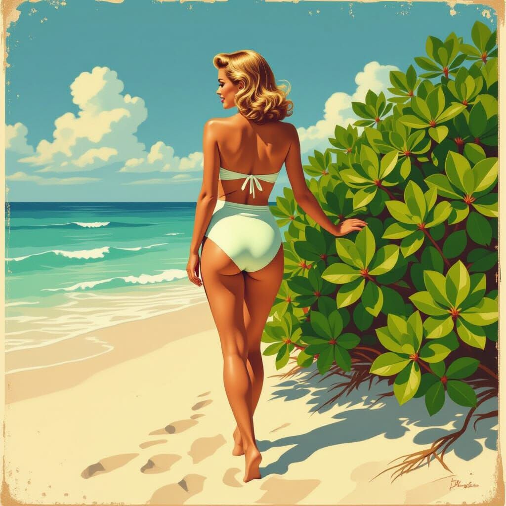 Glamorous Woman on Beach, 1970s Saucy Postcard Style