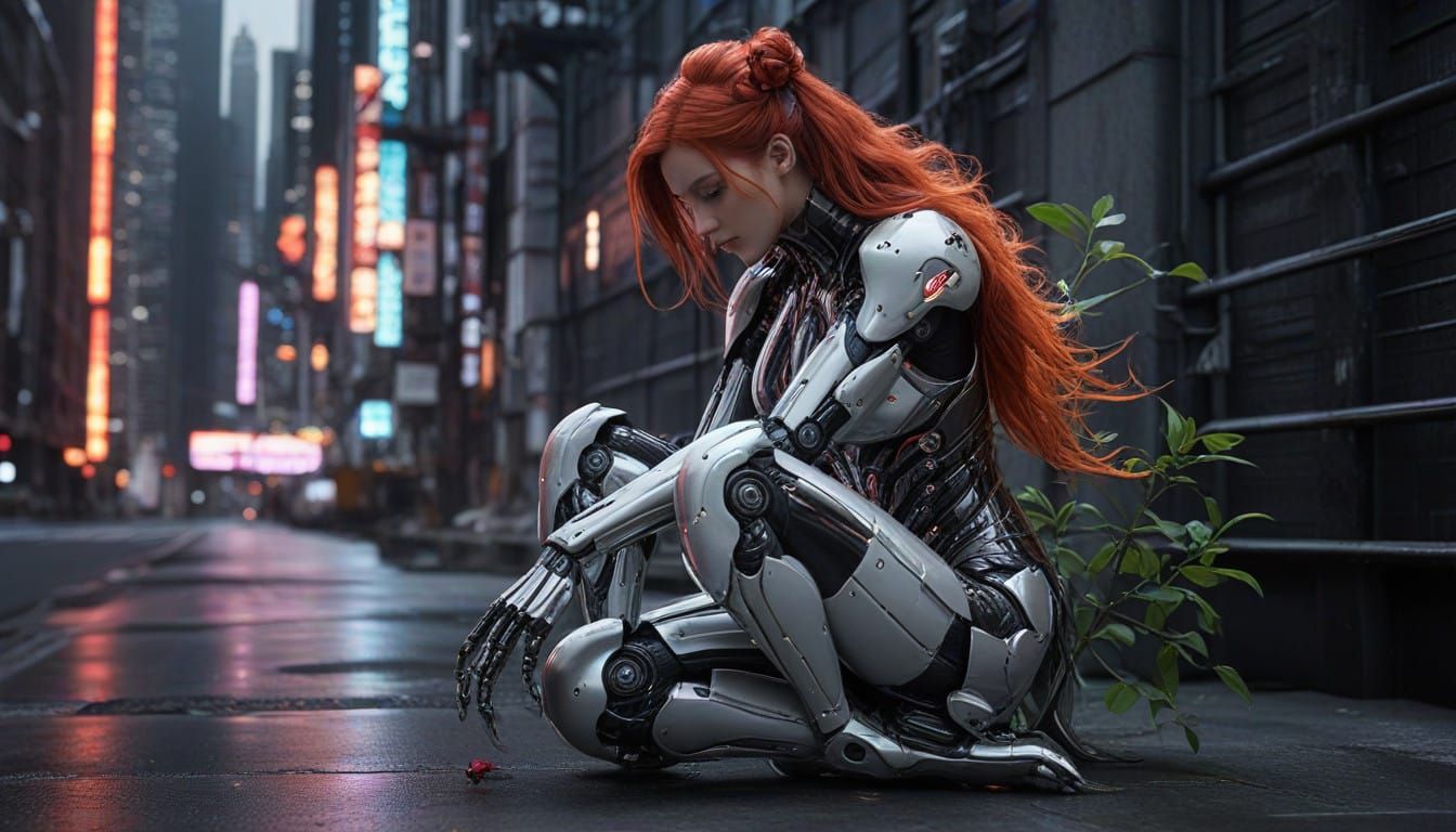 Mecha Woman Contemplates Violet Rose Amidst Futuristic Citys...