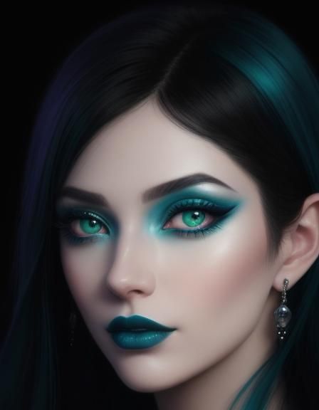 Ethereal gothic young lady with black hair with dark teal green hair highlights and bluish green eyes with cobalt blue e...