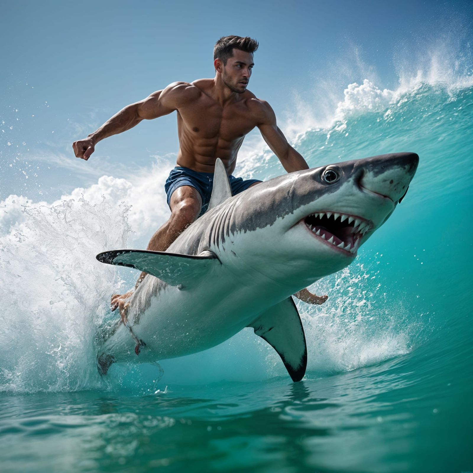 Muscular Man Rides Shark Like Surfboard in Ultra-HDR