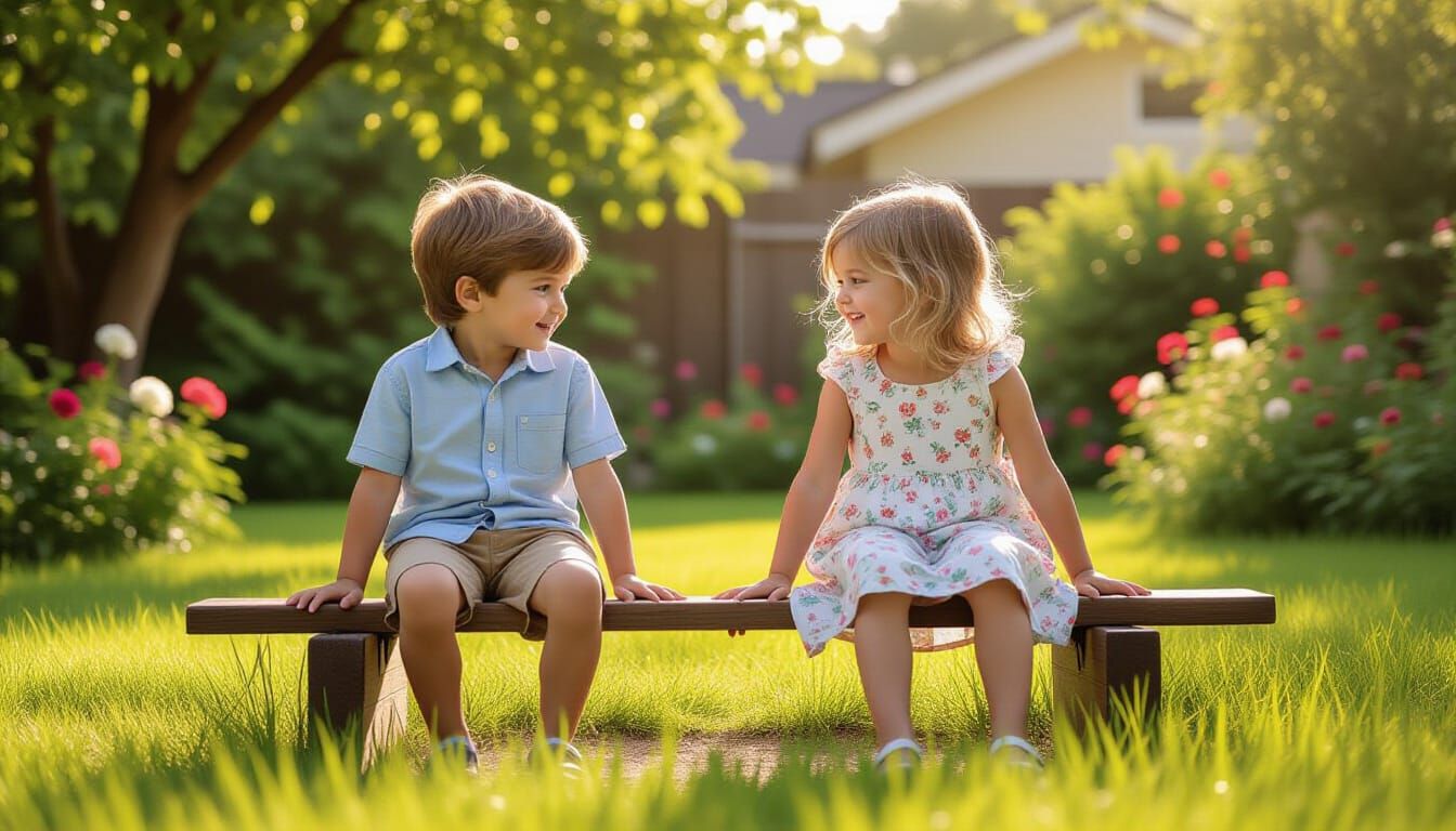 Children Playing on See-Saw in Sunny Backyard
