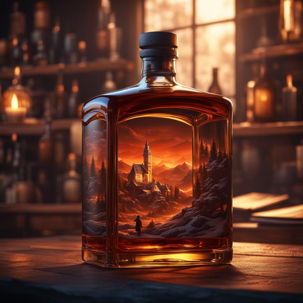 Romantic Scene Inside Whisky Bottle, Detailed Matte Painting
