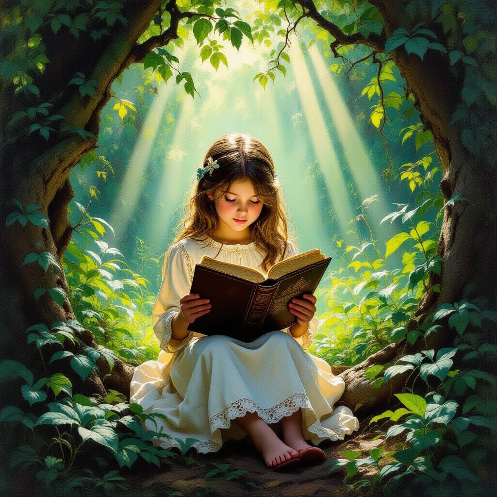 Girl Reading Ancient Tome in Sunlit Forest Clearing