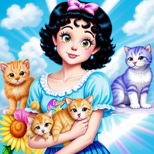 Betty Boop with Puppies and Kittens, Lisa Frank Style