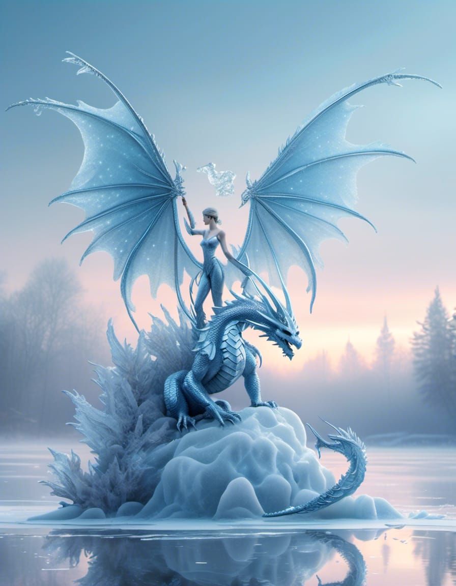 Delicate Ice Dragon on Frozen Lake in Digital Painting