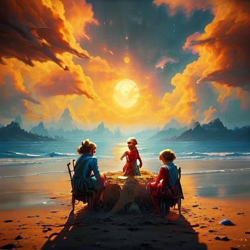Children Building Sandcastle: Vibrant Oil Painting
