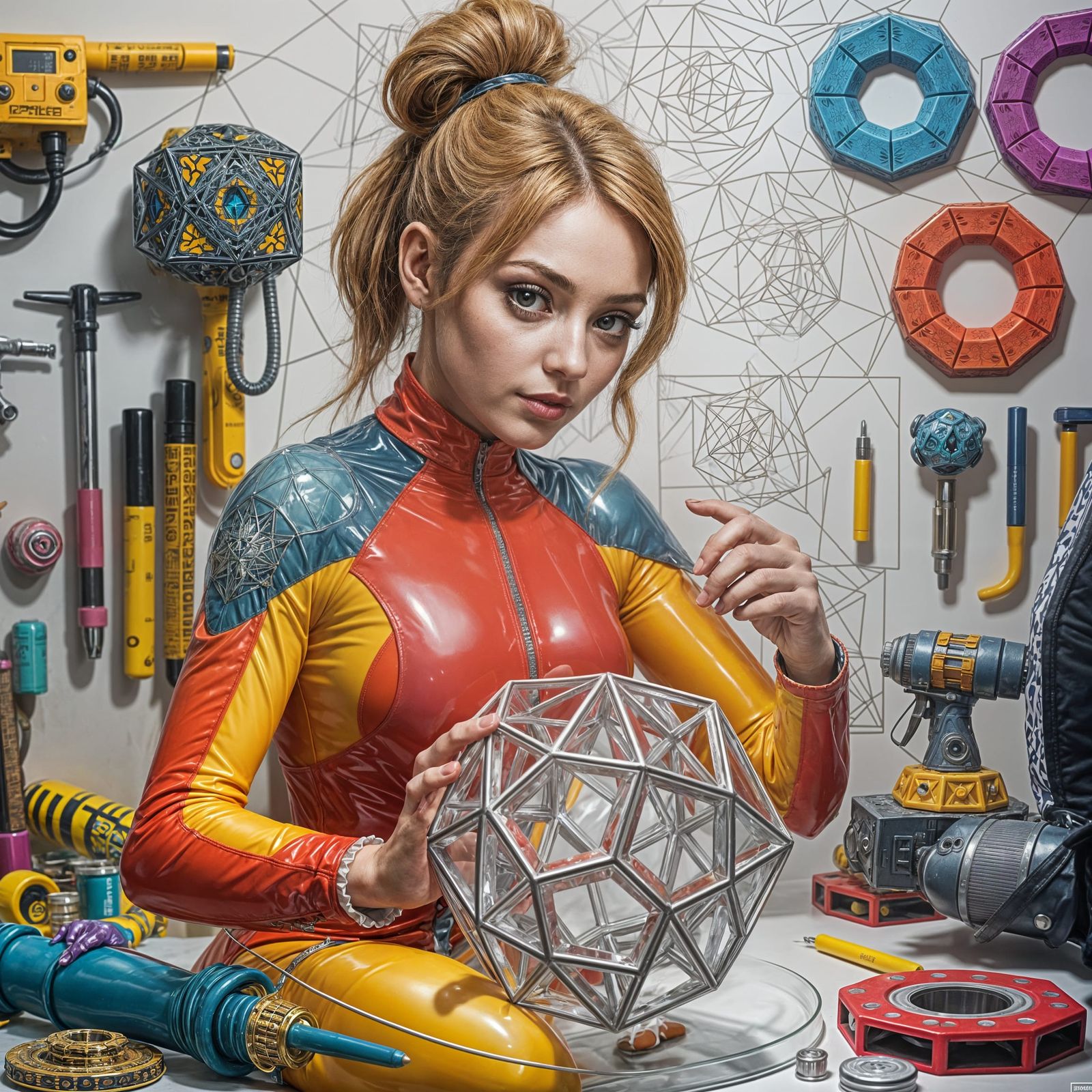 Hyperrealistic Woman Building Dodecahedron in Latex Overall