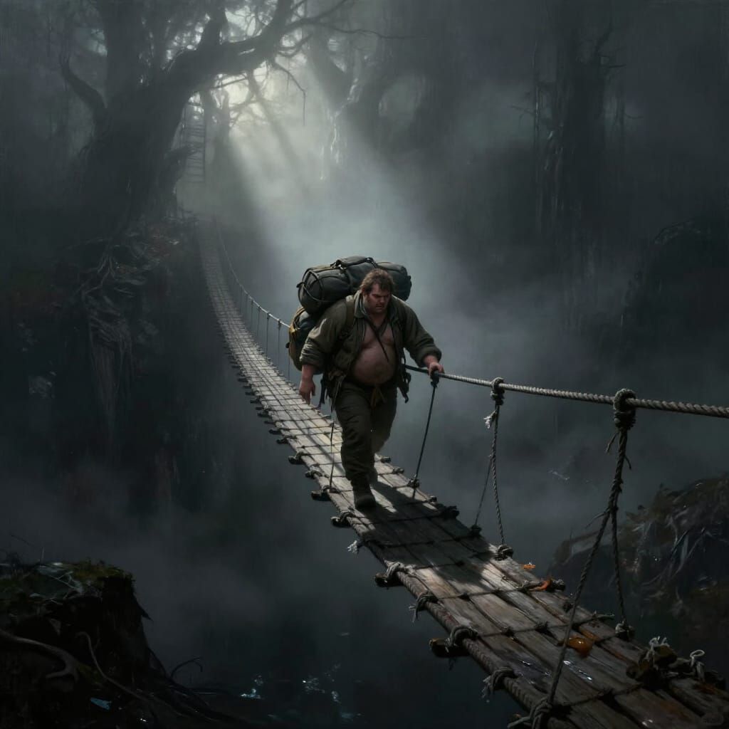 Explorer Crosses Foggy Rope Bridge in Hyperrealistic Style