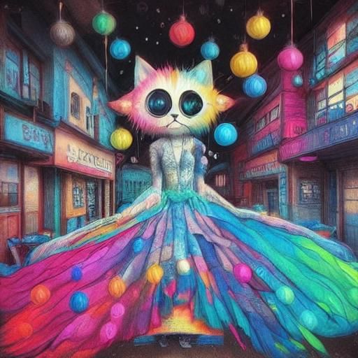 Rainbow Cat in City Street, Sendak-inspired Illustration