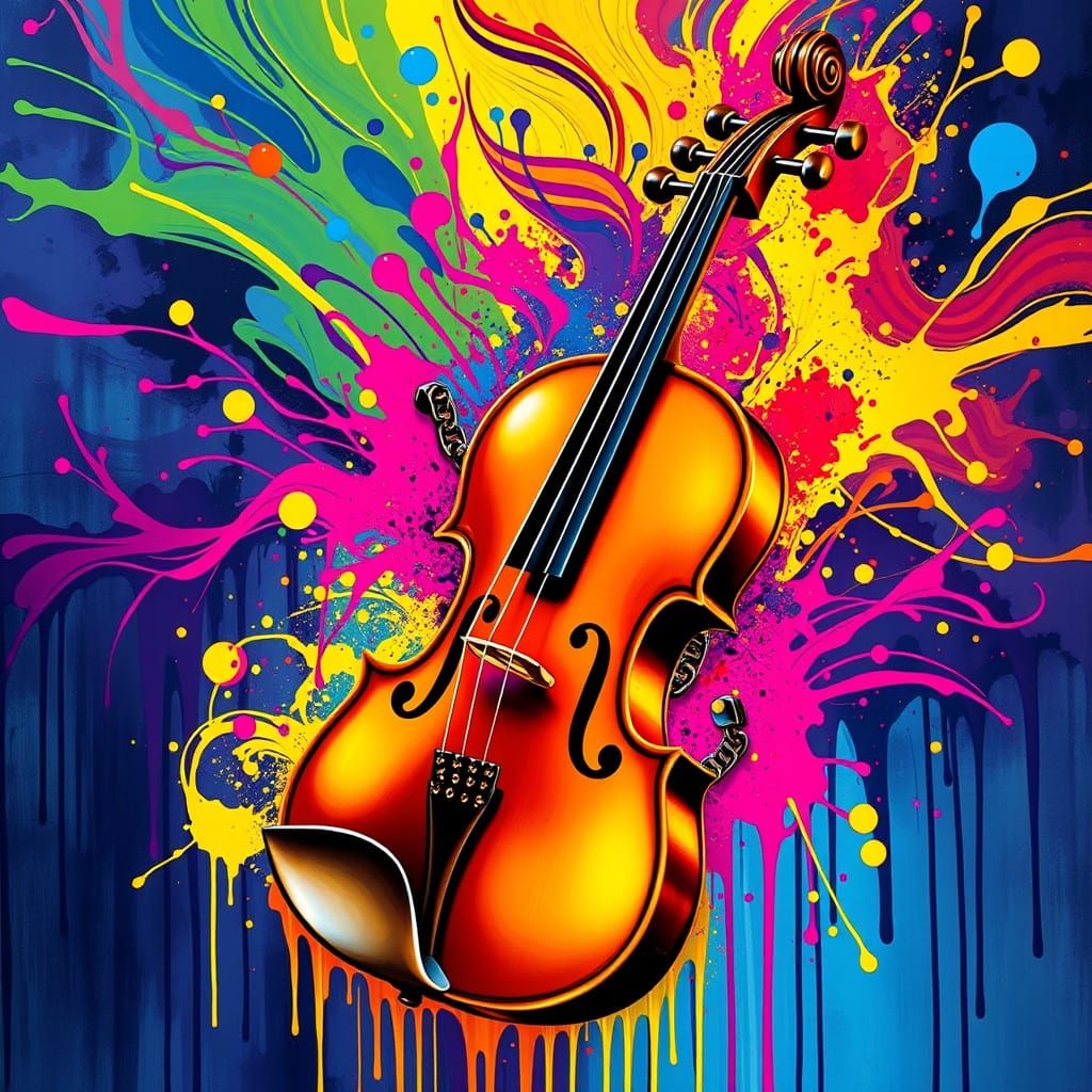 Surreal Violin Melting in Vibrant Paint Drips, Gold Chains, ...