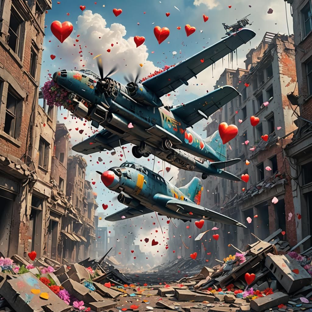Warplane Drops Love on Destroyed City: Hyperrealistic Splash...