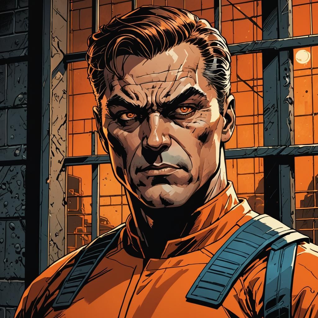 Supervillain Portrait in Prison Uniform, Comic Book Style