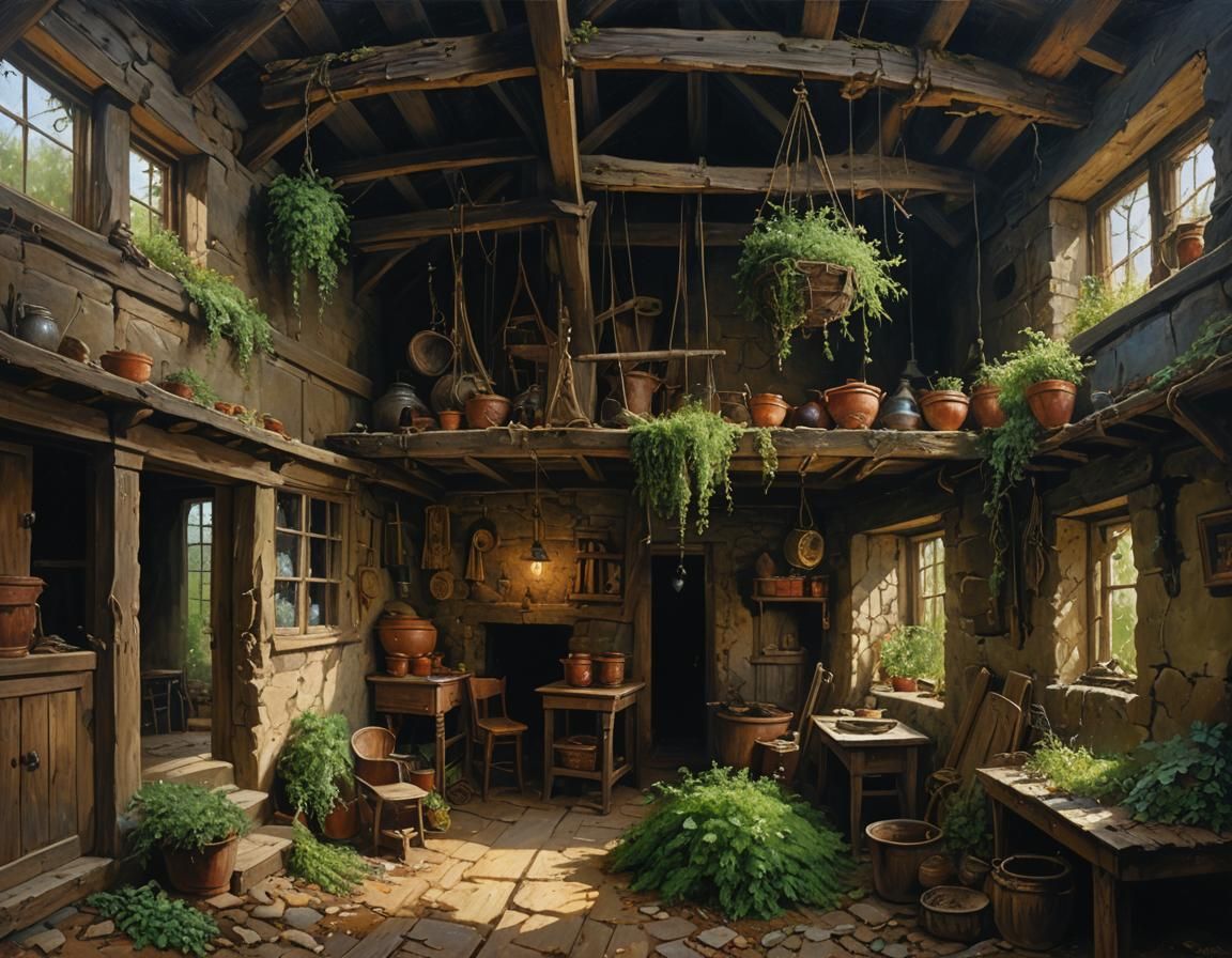 Ruined Witch House Interior in Oil Painting Style