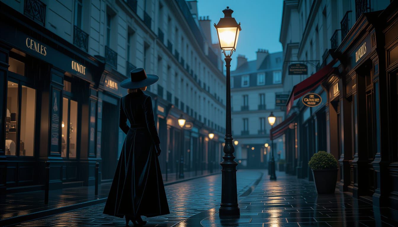 Refined Lady in Rainy Pigalle, Syd Mead Style