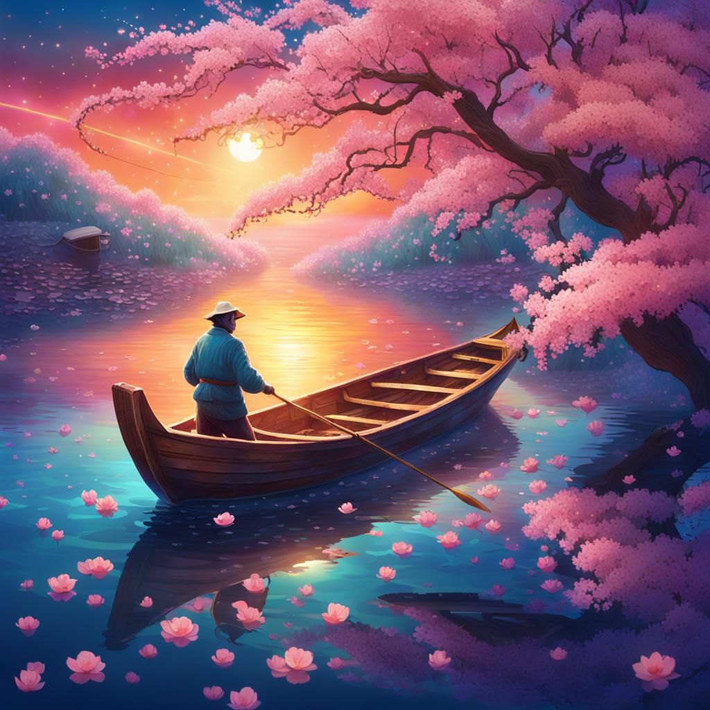 Fisherman in Astral Cherry Blossom Sea