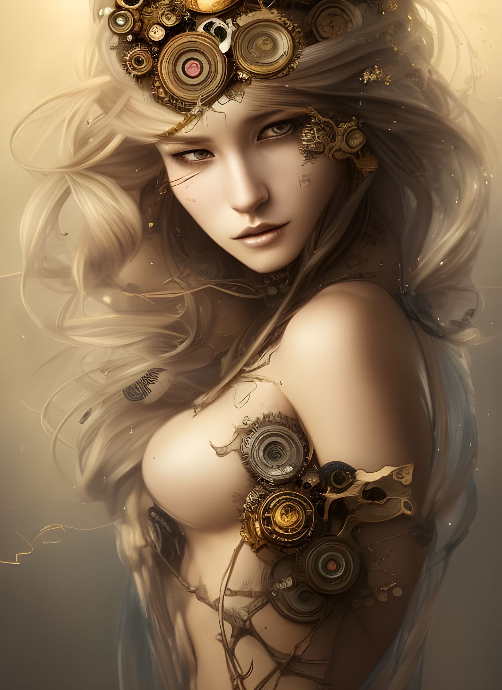 Steampunk Goddess with Flowing Hair, Digital Art
