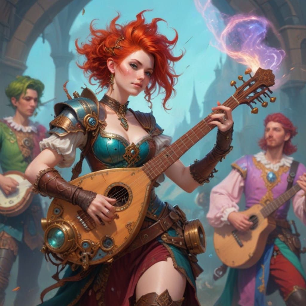 Redhead Bard Shreds Steampunk Lute in Medieval Fantasy Band