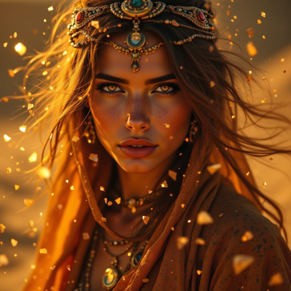 Bohemian Desert Nomad Woman with Glowing Crystal Motes