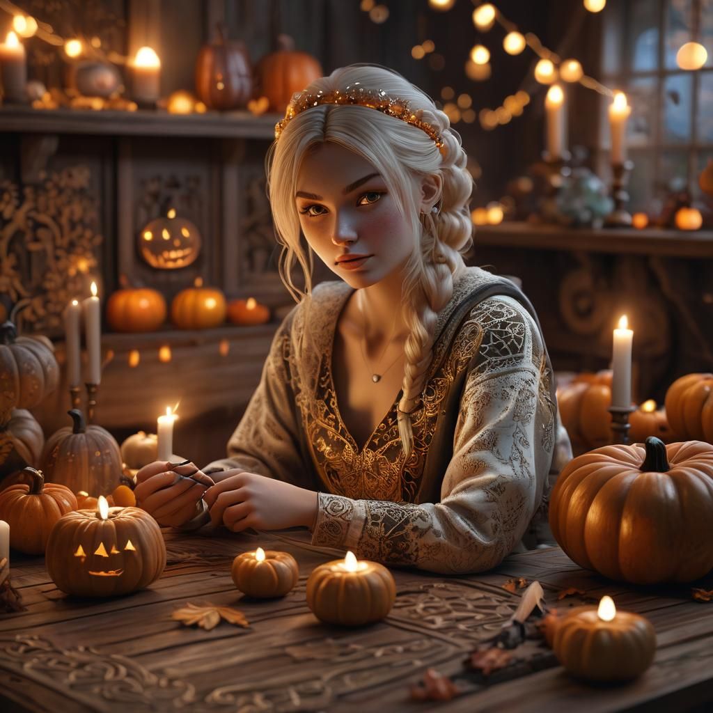 Nordic Woman Carving Jack-o-Lanterns: 3D Anime Art