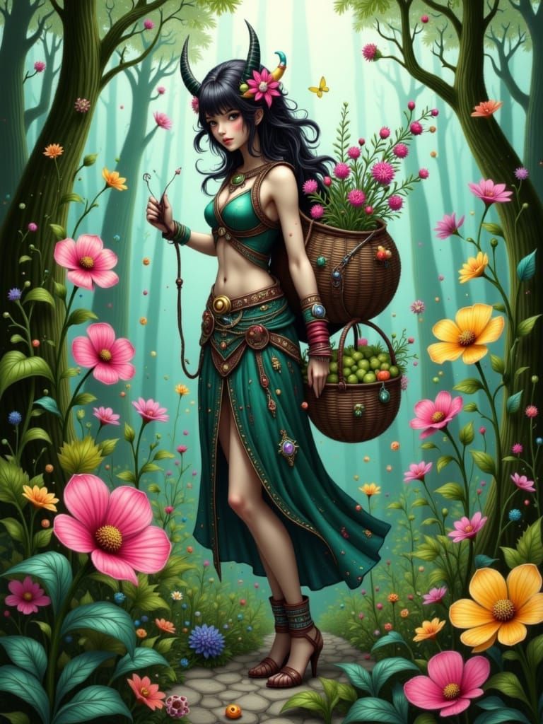Centaur Herbalist Gathering Healing Plants in Ancient Forest