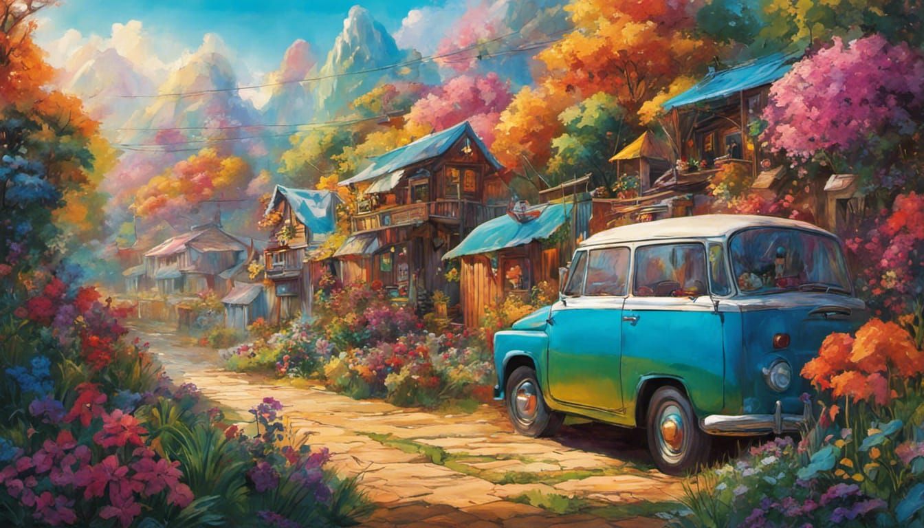 Colorful Rainbow Village in Surreal Cartoon Style