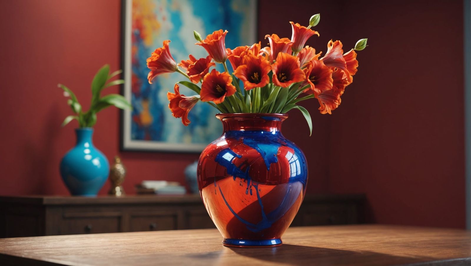 Hyperrealistic Red Vase on Table, Splash Art