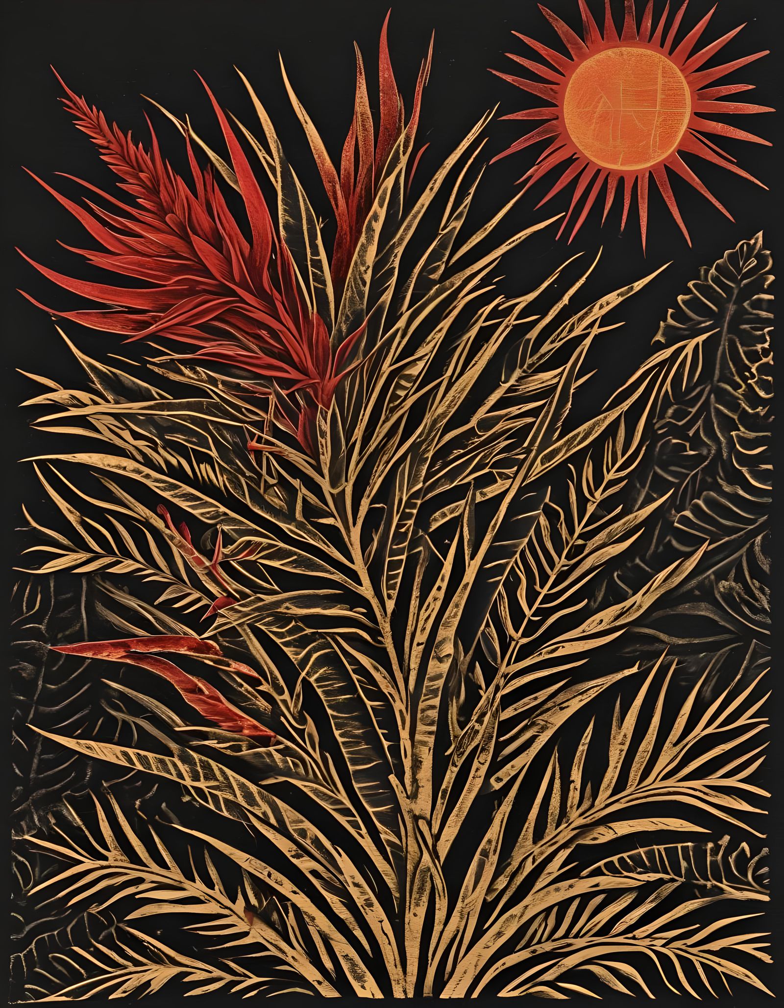 Abstract Woodcut Bromeliad with Red Sun