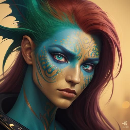 Dragon Woman Portrait with Peacock Feathers, Splash Art