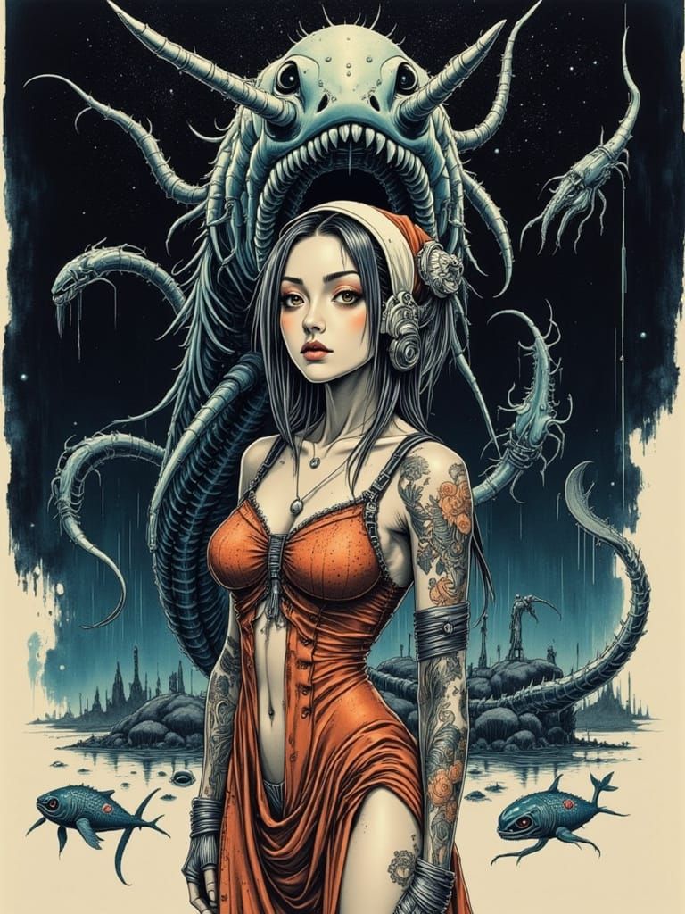 Young Woman and Megalodon in Watercolour Painting