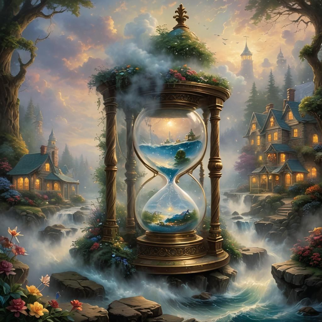 Ethereal Hourglass Fantasy in Kinkade Style