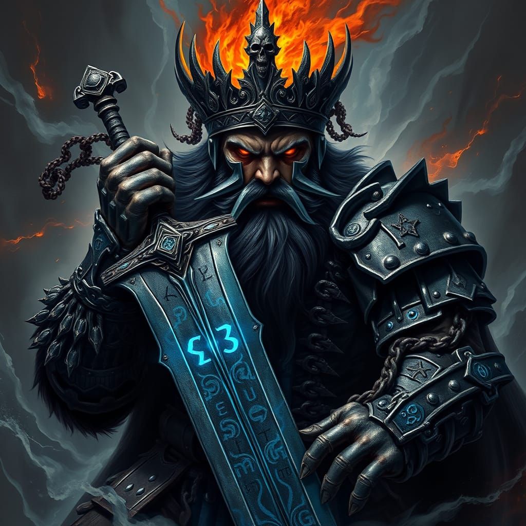 Fearsome Dark Warrior King with Twisted Crown and Glowing Bl...