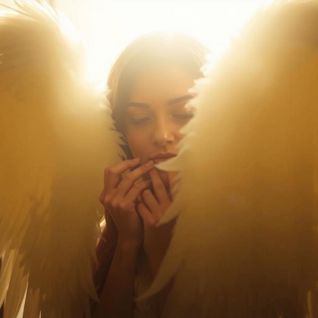 Ethereal Ghost Woman Hiding Behind Angel Wings