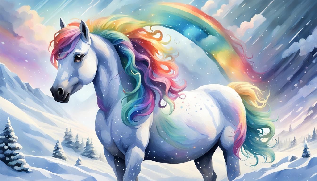 Cute Pony with Rainbow Hair in Watercolor Gouache Style