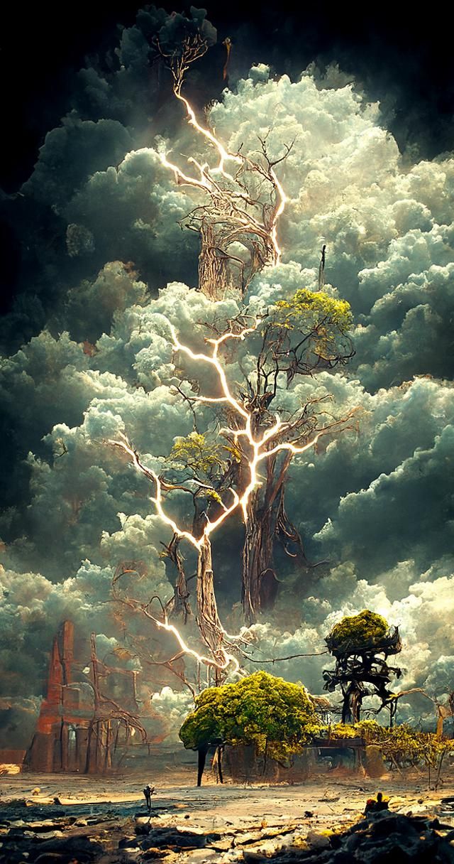 a lightning striking an old oak, by Roberto Aizenberg, Peter Gric, James Gurney, Edna Andrade and Dan Mumford