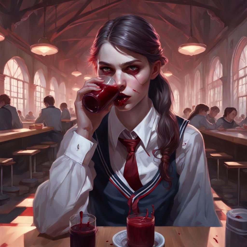 "head and shoulders portrait of young vampire wearing school uniform in school cafeteria drinking and spilling dark red ...