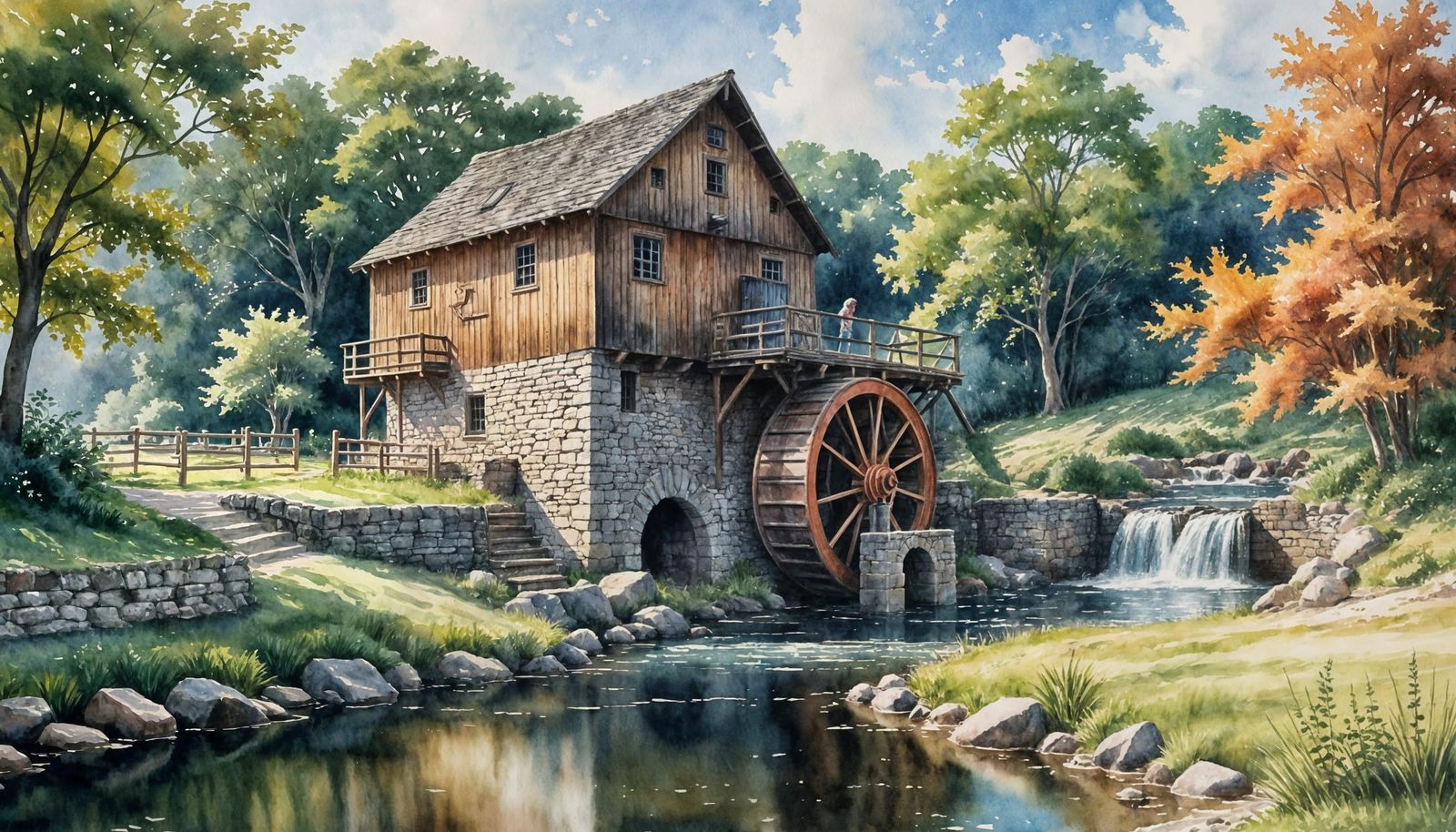 Watermill Painting in Soft Watercolor