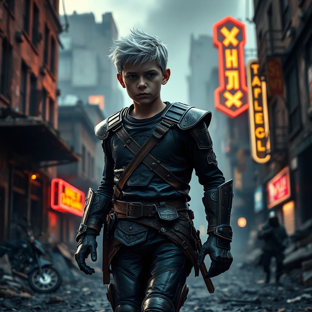 Confident Warrior Navigates Gritty, War-Torn Cityscape in Ph...