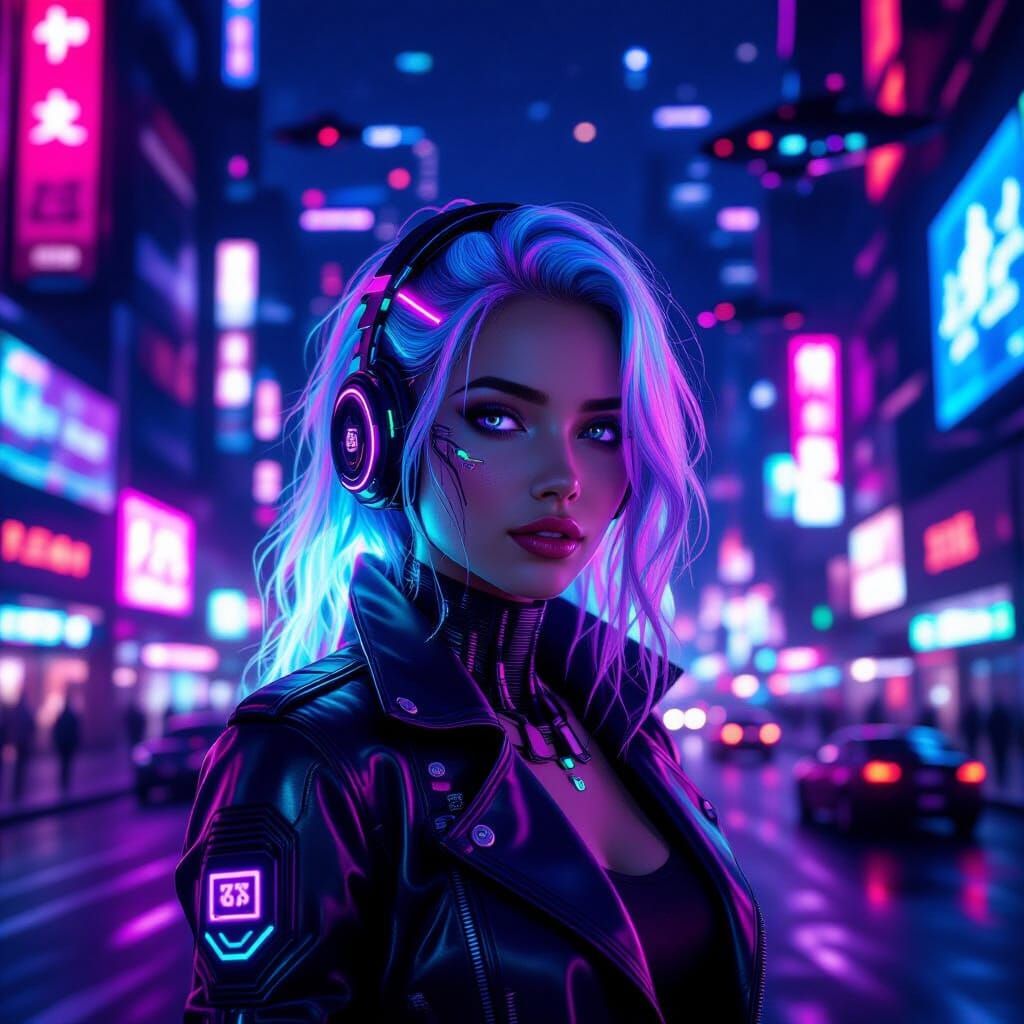 Cyberpunk Woman in Neon Cityscape